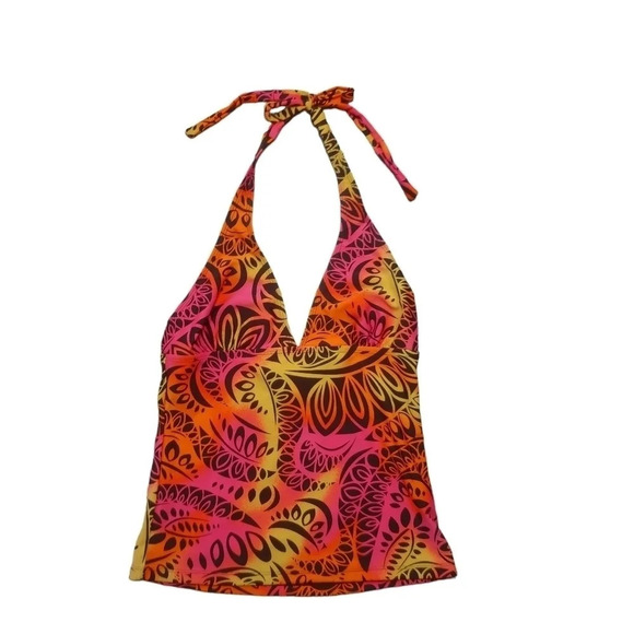 Aquafunky Tankini Tropical/Aztec Print Colorful Pink Orange Yellow Black Halter - Picture 1 of 8